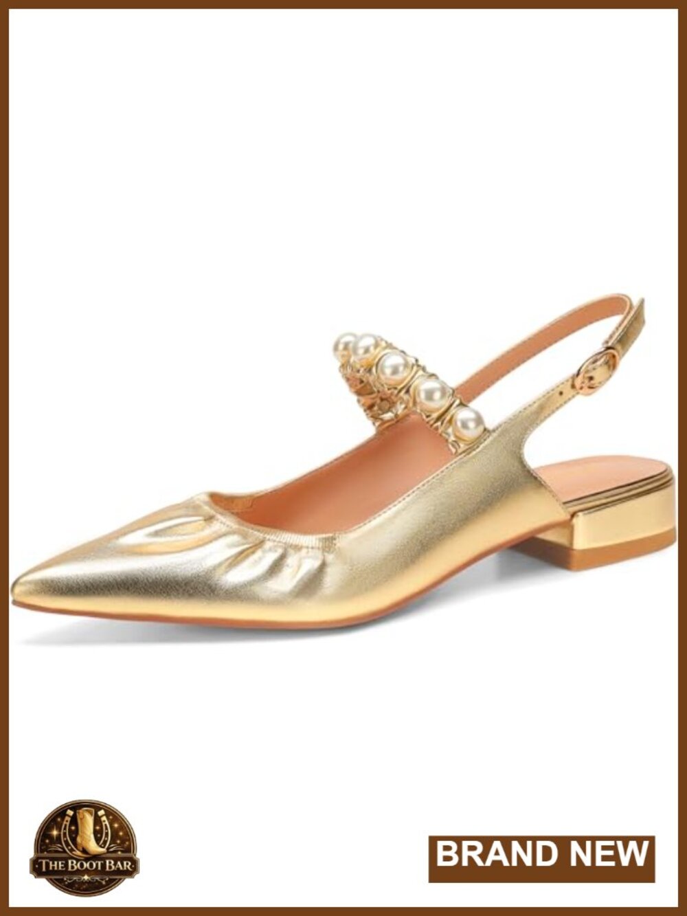 Faux Leather Slingback Flats Pearl Pointed Toe Buckle Strap Ballet Shoes